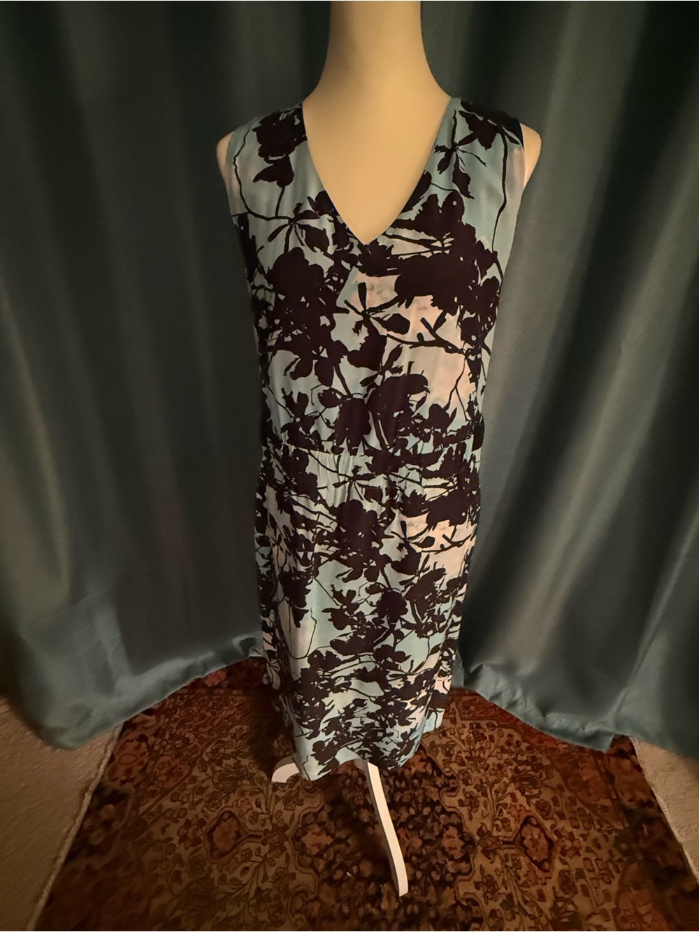 Akris Punto V-Neck Silk Midi Dress in Light Blue with Black Floral Print
